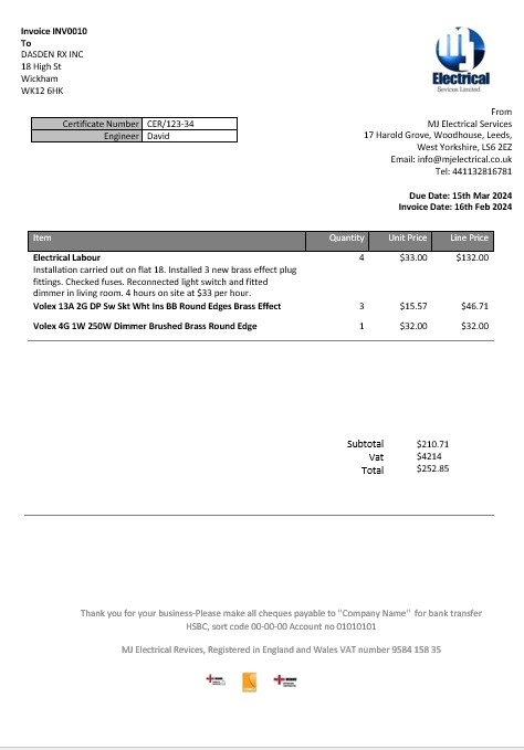 United Kingdom MJ Electrical proof of address business utility bill template in Word and PDF formats